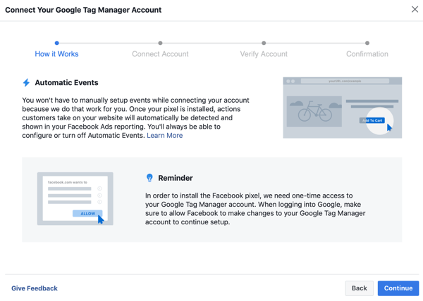 Google Tag Manageri ja Facebooki konto ühendamisel kasutage Google'i märgendihaldurit koos Facebookiga, samm 6, jätkamisnupp