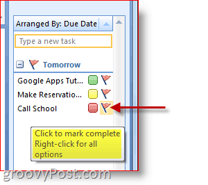 Outlook 2007 ülesanderiba - klõpsake valikul Ülesande lipp, et märkida täielikuks
