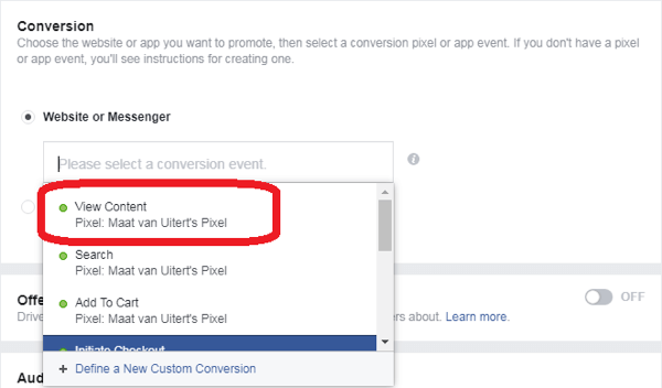 Kui valisite oma Facebook Messengeri reklaami eesmärgiks Konversioonid, valige konversioonisündmus.