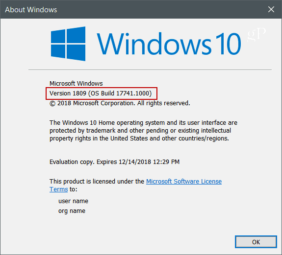 Winveri Windows 10 versioon 1809