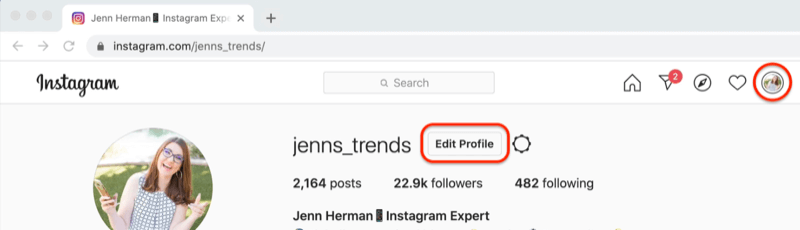 Instagrami profiili ekraanipilt, kus on esile tõstetud nupp „Muuda profiili”