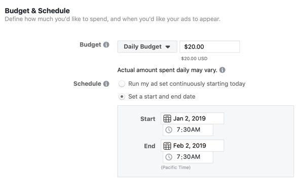 Eelarve ja ajakava valikud Facebooki juhtivate reklaamikampaaniate jaoks.