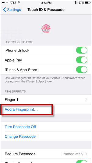 Koputage valikut Lisage sõrmejälg - sõrmejälje lisamine puutetundlikule ID-le