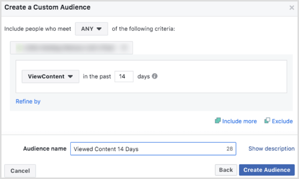 Valige suvandid Facebooki kohandatud vaatajaskonna veebisaidi loomiseks ViewContent'i sündmuse põhjal 