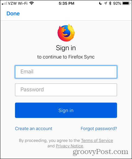 Sisestage oma e-posti aadress ja parool Firefoxi iOS-i jaoks