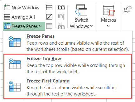 Külmutage veerg või rida Excelis Windowsis