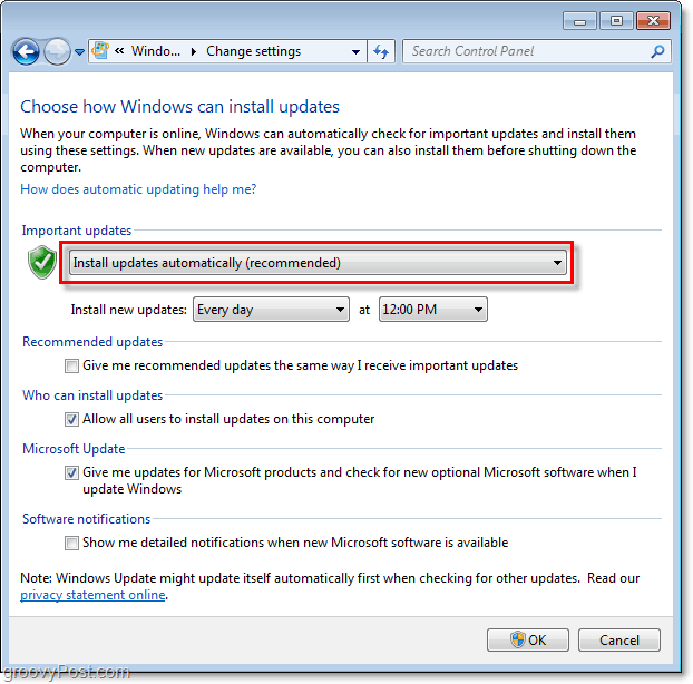 Windows 7 - Windows Update'i konfiguratsioonimenüü ekraanipilt