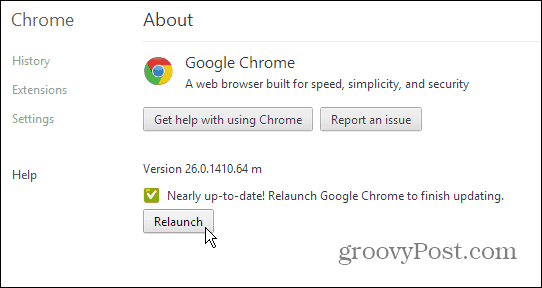 Google Chrome'i leht Teave - värskendamine ja taaskäivitamine
