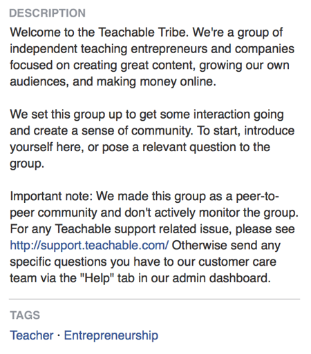 Facebooki grupi kirjelduses ütleb Teachable otse, et tema Facebooki grupp on seotud kogukonna loomisega.