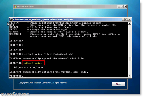Windows 7 Native VHD-i installimine CMD Promptilt Dual Boot Attach VHD