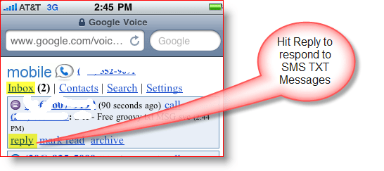 Google Voice'i mobiilsideteate TXT-teate vastus