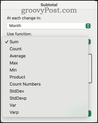 Exceli vahesummade dialoogis on saadaval erinevad funktsioonid