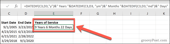 Exceli kuupäev, mis on märgitud tööaastate kuude ja päevade kohta