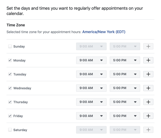 määrake kuupäevad ja kellaajad, mis on saadaval Facebooki lehega kohtumise broneerimiseks
