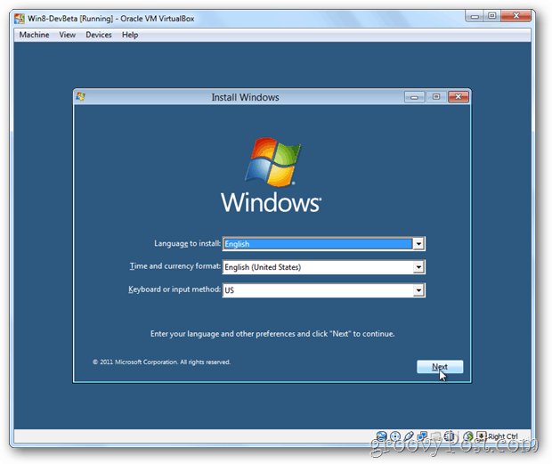VirtualBox Windows 8 installimenüü