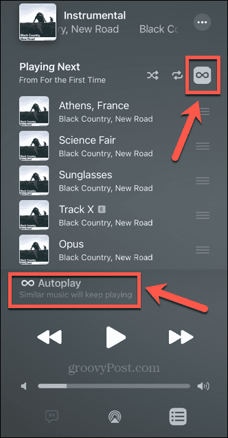apple muusika automaatse esitamise ikoon on sisse lülitatud