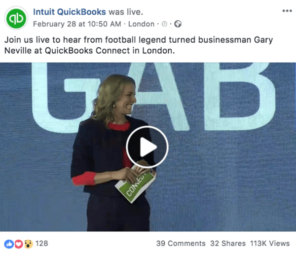 Näide Facebooki postitusest, kus teatatakse Intuit Quickooksi eelseisvast Live-videost.