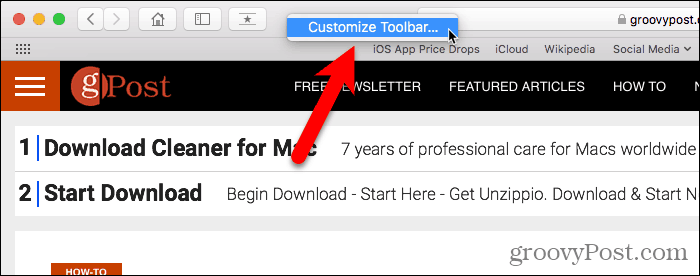 Valige Safari for Mac kohanda tööriistariba