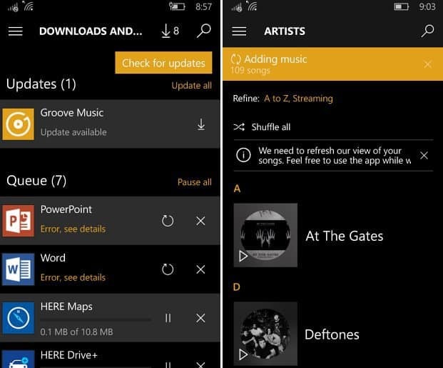 Groove'i muusikauuendus Windows 10 Mobile