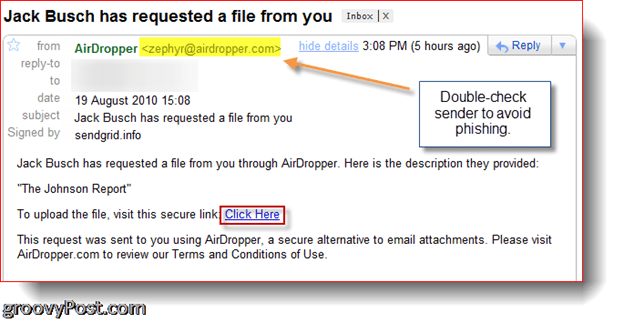 AirDropper Dropbox - e-posti teel päringu fail