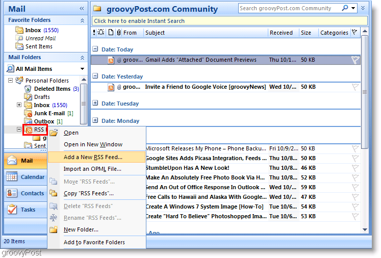Ekraanipilt Microsoft Outlook 2007 Uue RSS-voo lisamine