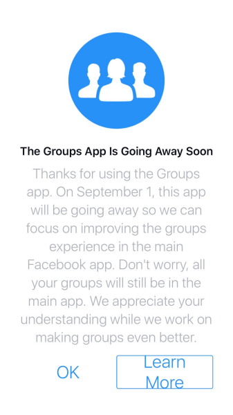 Facebook lõpetab iOS-i ja Androidi jaoks rakenduse Groups rakenduse pärast 1. septembrit 2017.