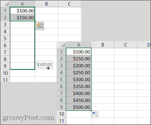 Exceli automaatse täitmise valuuta muster