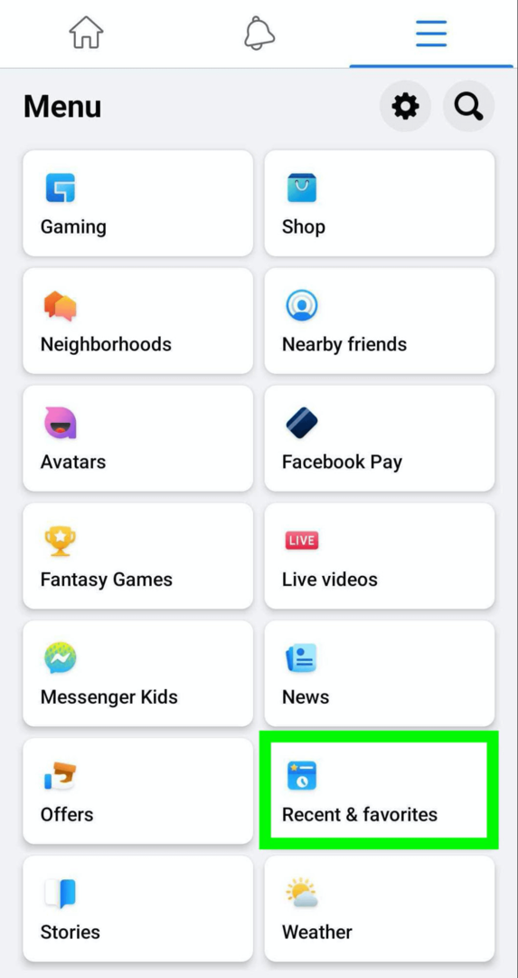 pilt Facebooki menüüst, mis näitab valikut Hiljutised ja lemmikud