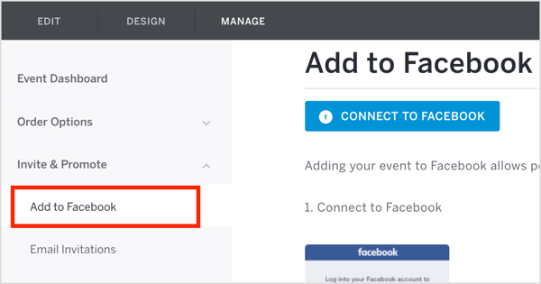 Klõpsake vahekaardil Eventbrite haldamine nuppu Kutsu ja reklaamige ning valige rippmenüüst Lisa Facebooki.