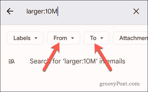 Täiendavate otsingukriteeriumide määramine mobiili Gmaili otsingu jaoks