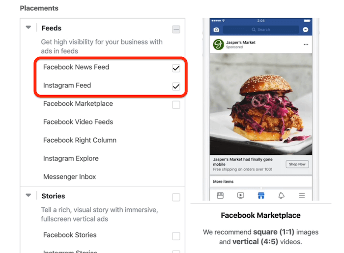 Facebooki uudistevoo ja Instagrami voo paigutused on valitud reklaamikomplekti tasemel Facebooki reklaamihalduris