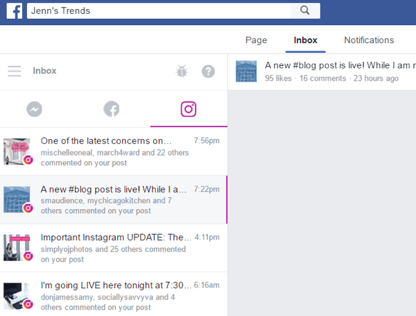 Töölaual avage oma Facebooki lehel postkast ja klõpsake oma postituste kommentaaride nägemiseks vahekaarti Instagram.