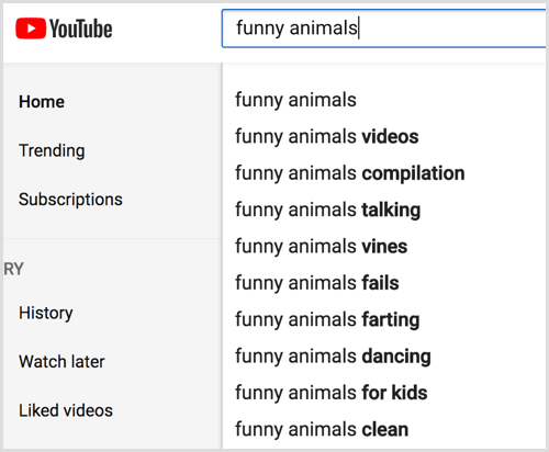 Vaadake oma märksõna YouTube'i otsingu automaatseid ettepanekuid.
