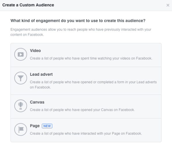 Facebook võimaldab teil luua neli kaasamisel põhinevat kohandatud vaatajaskonda.