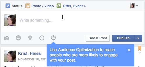 Facebooki vaatajaskonna optimeerimine postituste värskendamise kasti jaoks