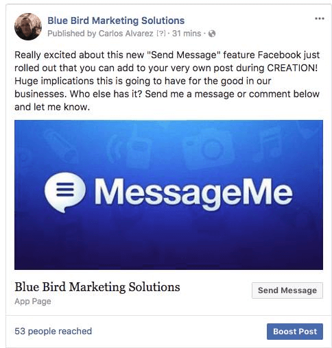 Facebook lisas võimaluse lisada lehe postitustele nupp, mis annab kasutajatele võimaluse otse Messengeris vastata.