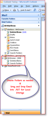 Postkasti Outlook 2007 sisendkaust .PST isikuandmete faili kuvamine navigeerimispaanil:: groovyPost.com
