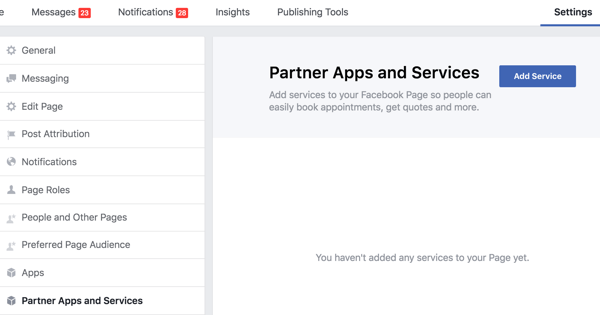 Klõpsake oma Facebooki lehe seadetes valikut Partnerrakendused ja teenused.