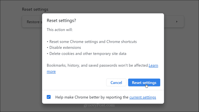 Seadete lähtestamine Chrome'i kinnitus