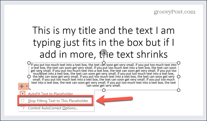 powerpoint lõpetage teksti sobitamine kohahoidjasse