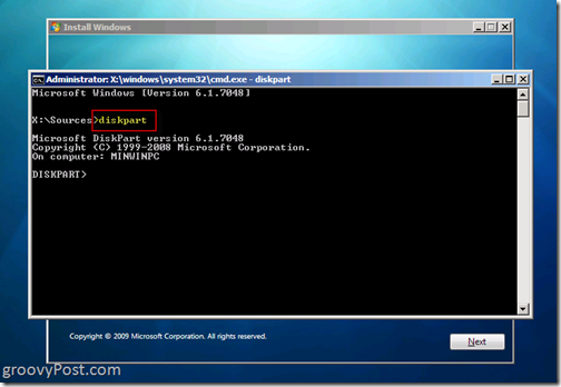 VHD-faili loomiseks Windows 7 Native VHD-i install kahekordse alglaadimisega käivitage CMD Promptilt Diskpart 6.1.7048
