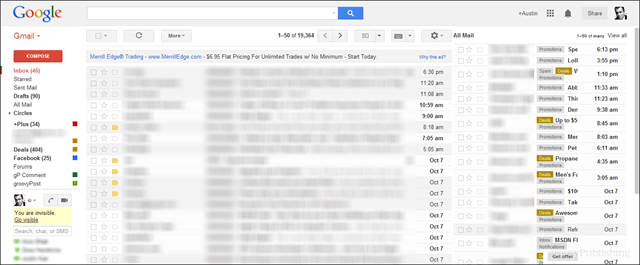 gmaili eelvaate ekraanipilt koos kõigi e-kirjadega paremal 2. paanil