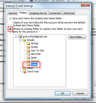 Seadistage e-posti kausta saatmine iMAP-konto jaoks rakenduses Outlook 2007: Valige prügikaust
