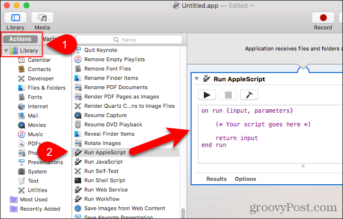 Lohistage Käivita AppleScript Automatori töövoo paneelile