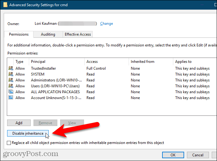 Klõpsake Windowsi registri dialoogiboksis Täpsemad turbesätted käsku Keela pärand