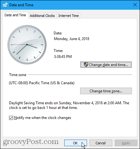 Kuupäeva ja kellaaja dialoogiboks Windowsis