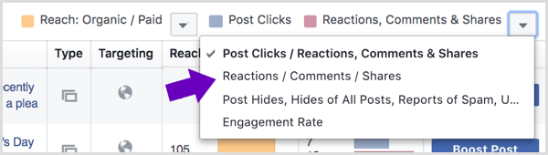 Klõpsake oma Facebooki lehe ülevaate jaotises Reaktsioonid, kommentaarid ja jagamised olevat noolt.