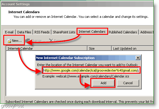 Outlook 2007 kalendri ekraanipilt - Interneti-kalendri lisamine
