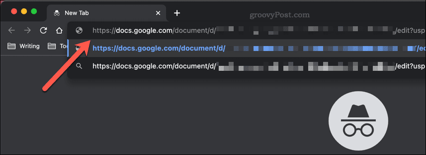 Google'i dokumentide jagamislingi kleepimine Google Chrome'i inkognito akna aadressiribale