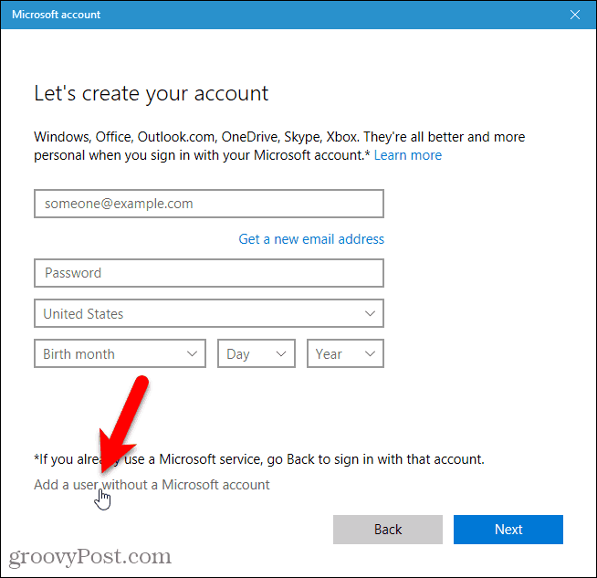 Lisage kasutaja ilma Microsofti kontota